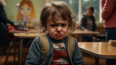 Buy stock photo Toddler sitting and crying at kindergarten. Sad unhappy baby boy crying to go home.