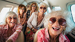 Mature friend group on first class private jet. Luxury vacation travel concept.