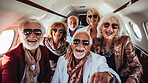 Mature friend group on first class private jet. Luxury vacation travel concept.