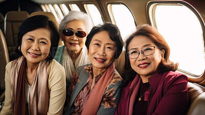 Mature friend group on first class private jet. Luxury vacation travel concept.