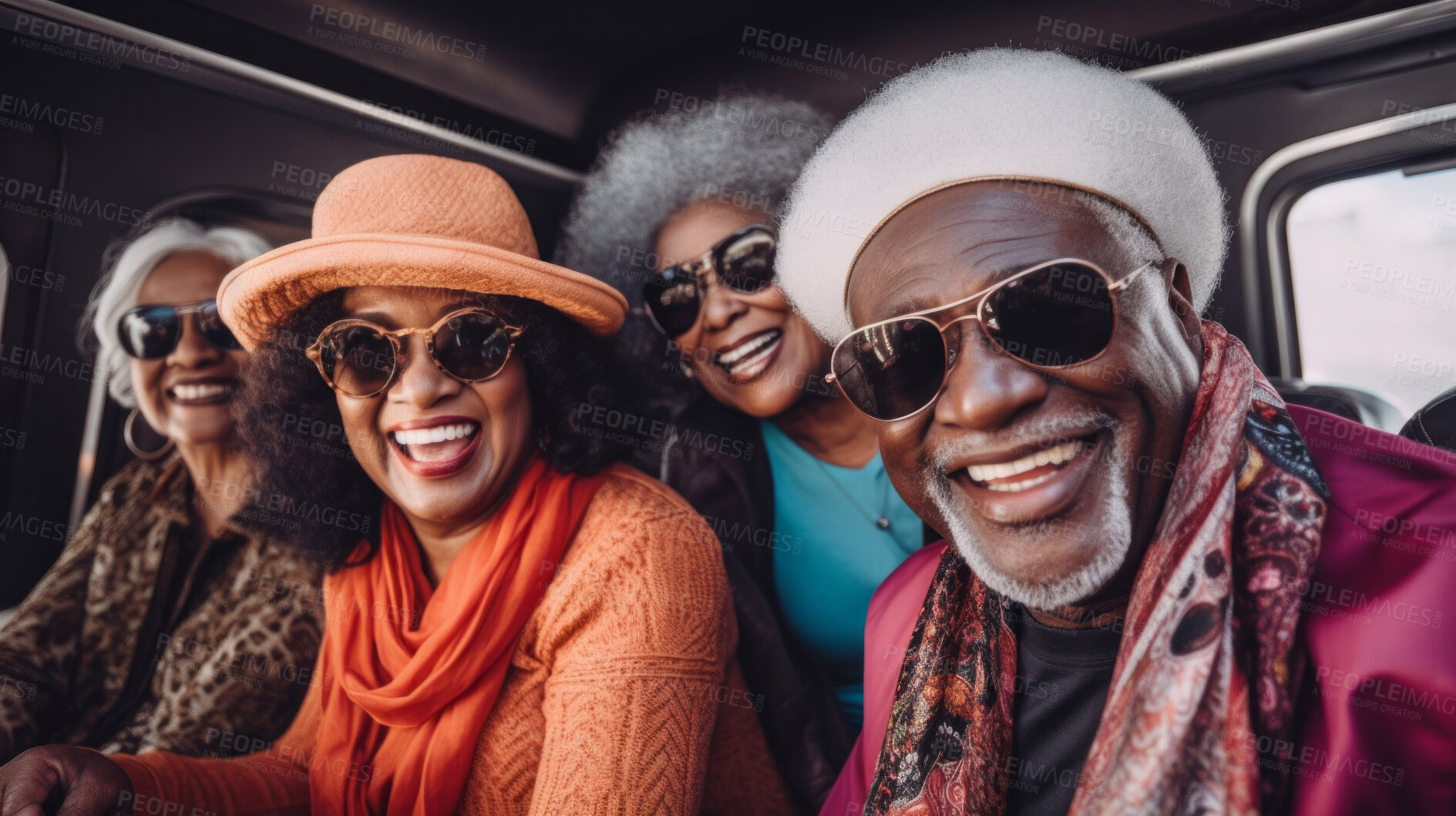 Buy stock photo Mature friend group on first class private jet. Luxury vacation travel concept.