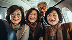 Mature friend group on first class private jet. Luxury vacation travel concept.