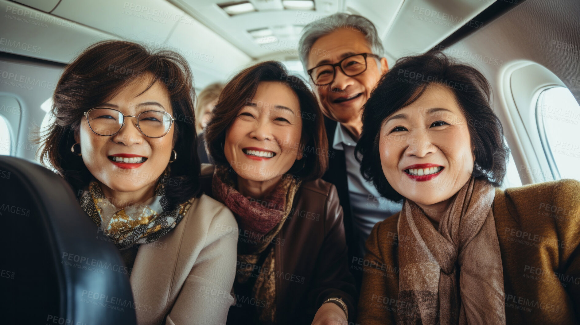 Buy stock photo Mature friend group on first class private jet. Luxury vacation travel concept.