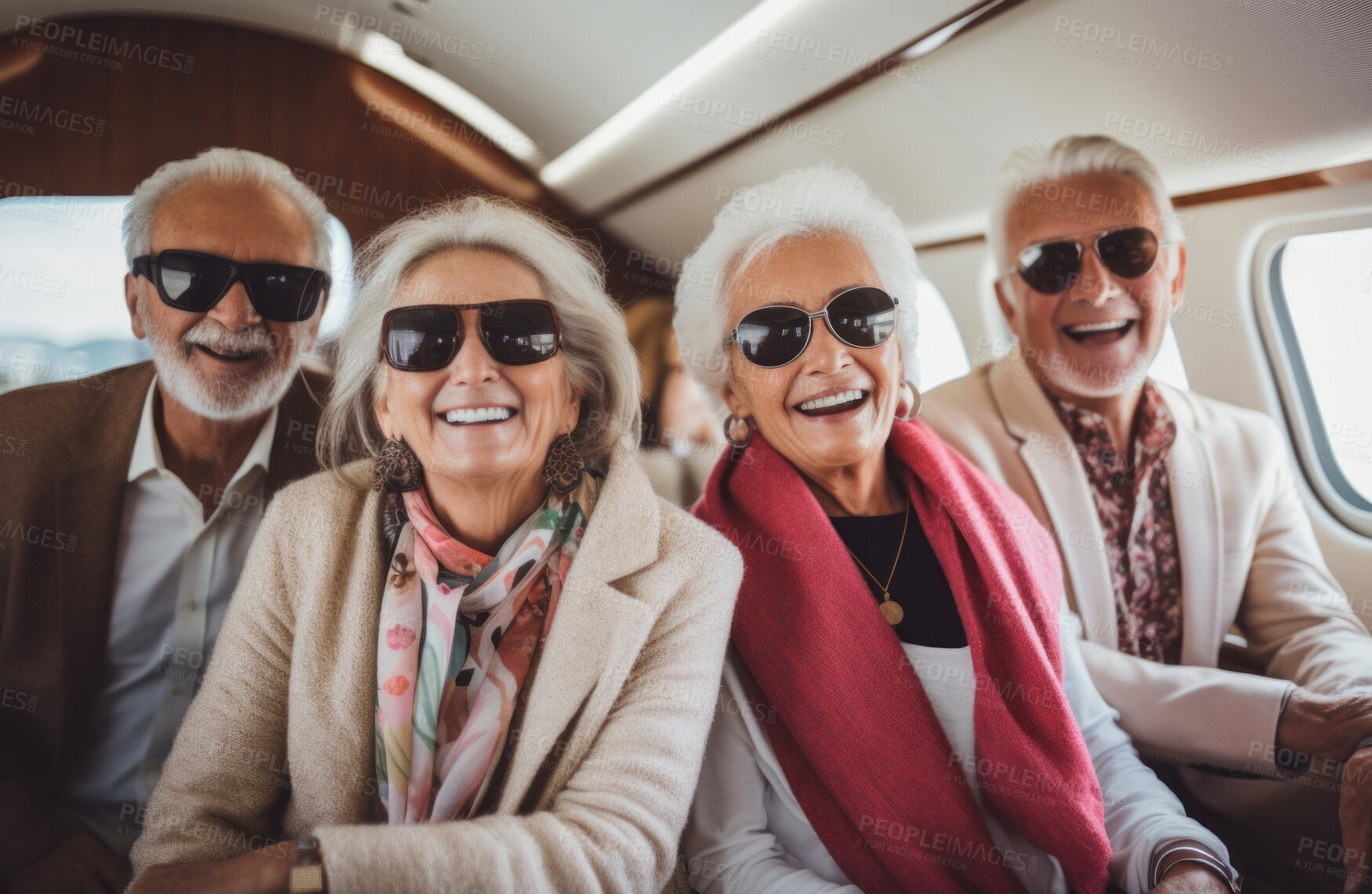 Buy stock photo Mature friend group on first class private jet. Luxury vacation travel concept.