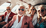 Mature friend group on first class private jet. Luxury vacation travel concept.