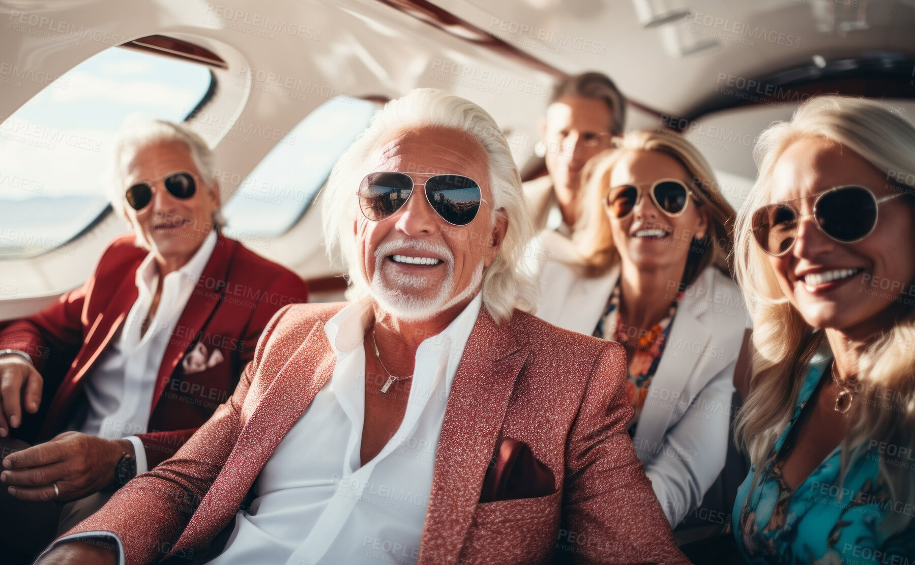 Buy stock photo Mature friend group on first class private jet. Luxury vacation travel concept.