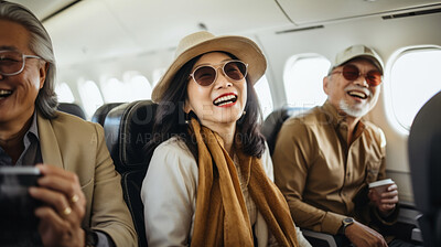 Mature friend group on first class private jet. Luxury vacation travel concept.
