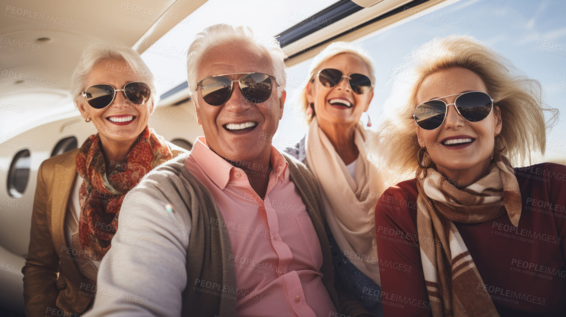 Buy stock photo Mature friend group on first class private jet. Luxury vacation travel concept.
