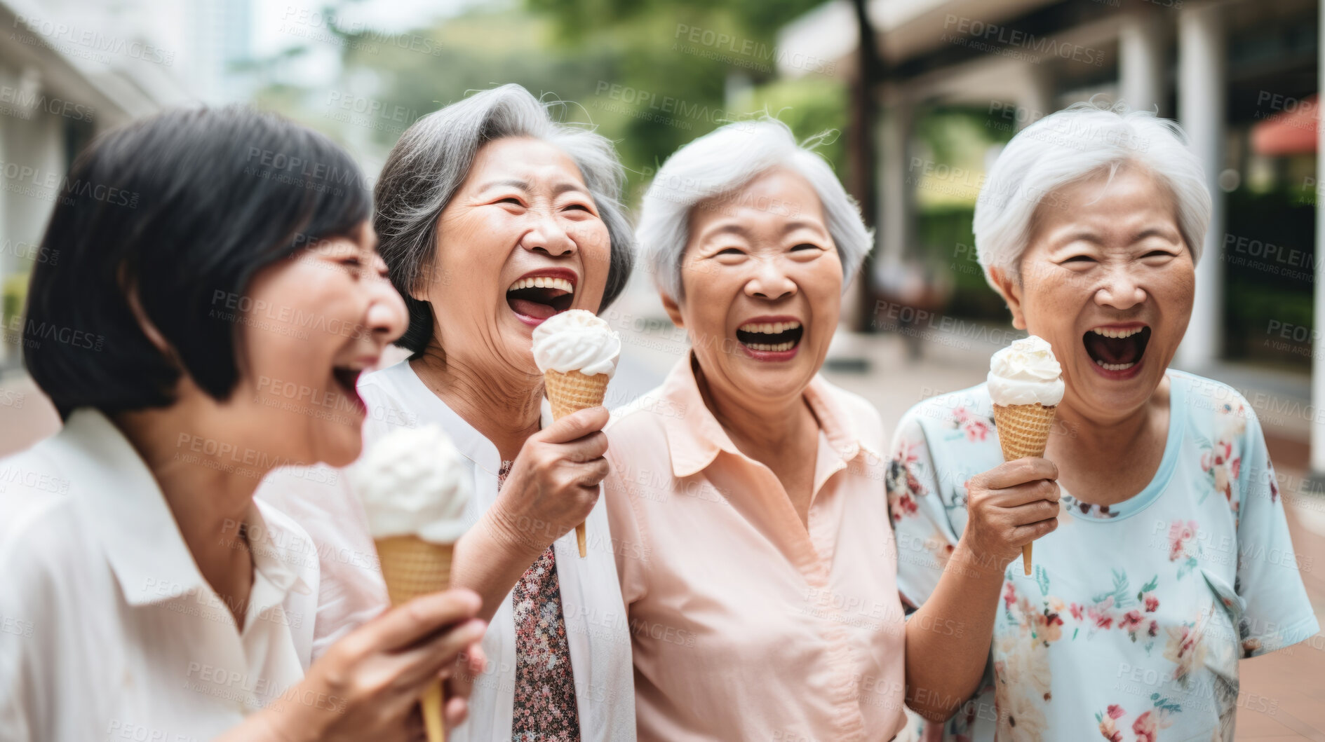 Buy stock photo Senior friend group with icecream. Fun retirement birthday activity