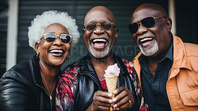 Buy stock photo Senior friend group with icecream. Fun retirement birthday activity