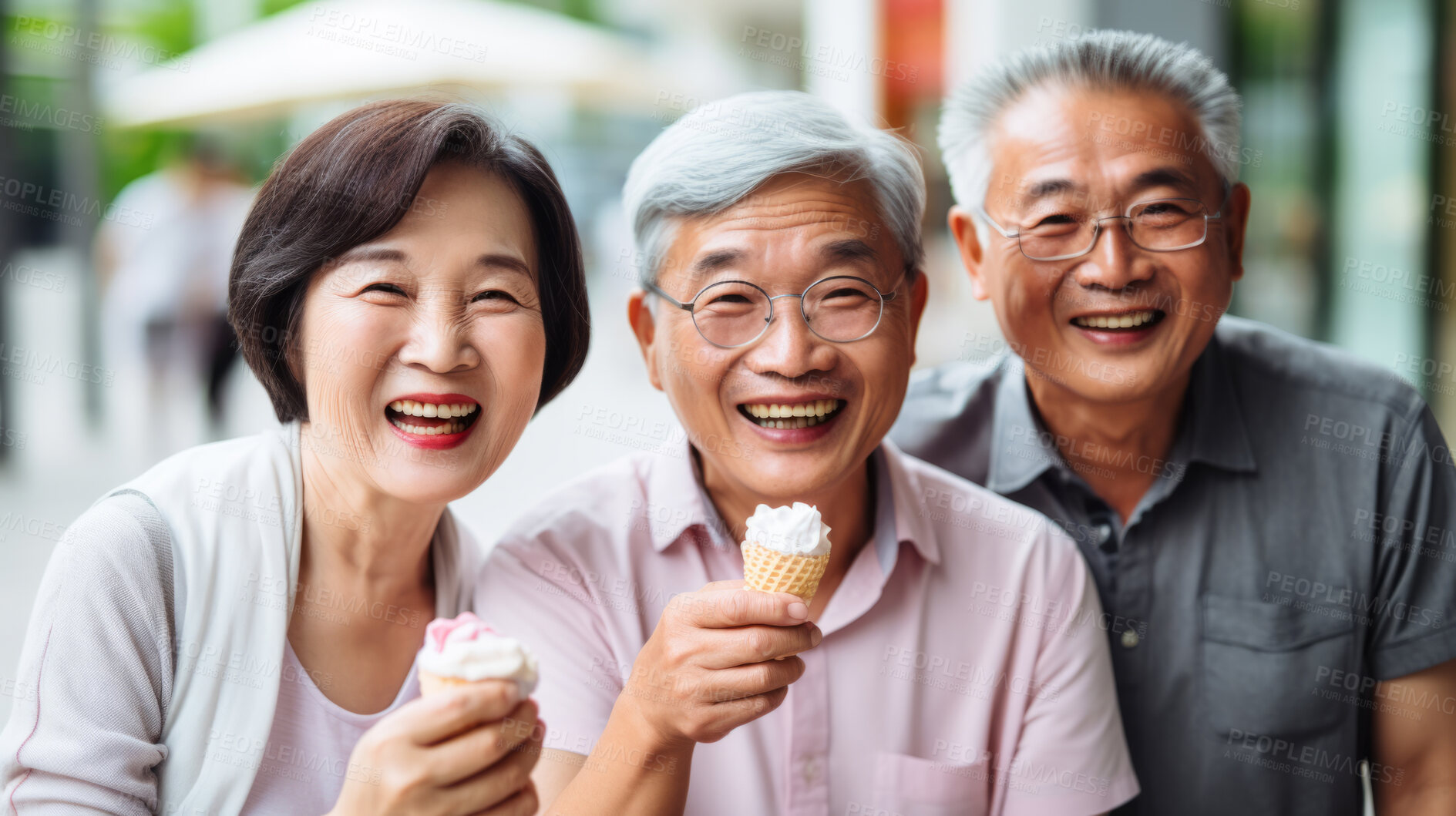 Buy stock photo Senior friend group with icecream. Fun retirement birthday activity