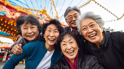 Buy stock photo Senior friend group at amusement park. Rides, food, fun retirement activity