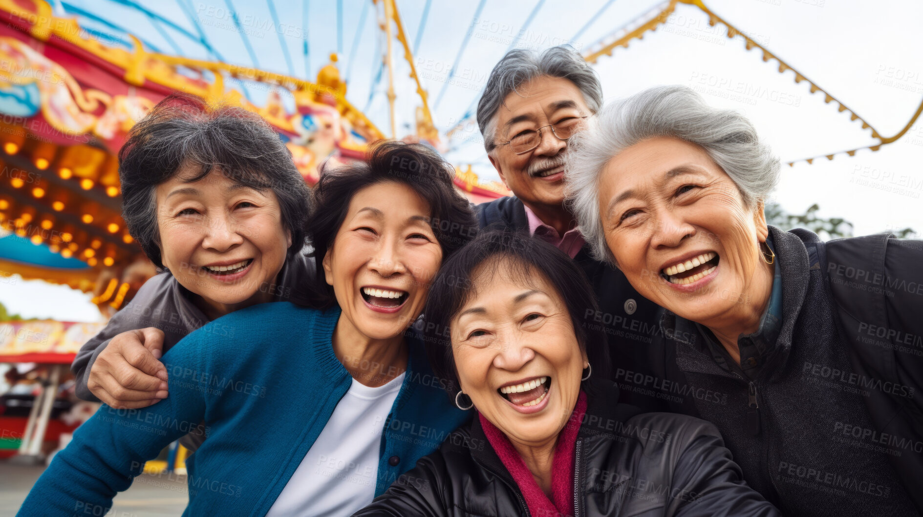 Buy stock photo Senior friend group at amusement park. Rides, food, fun retirement activity