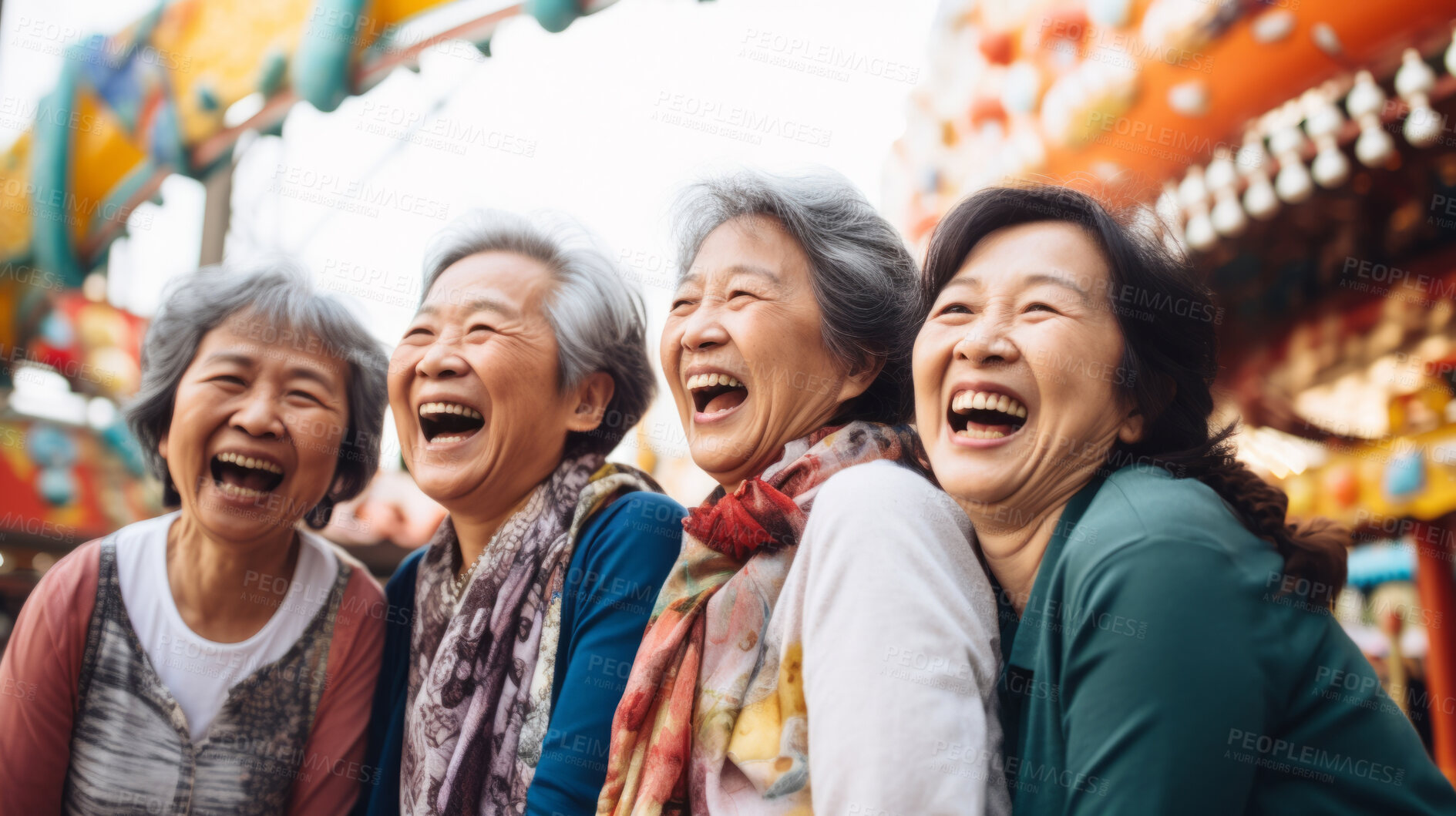 Buy stock photo Senior friend group at amusement park. Rides, food, fun retirement activity