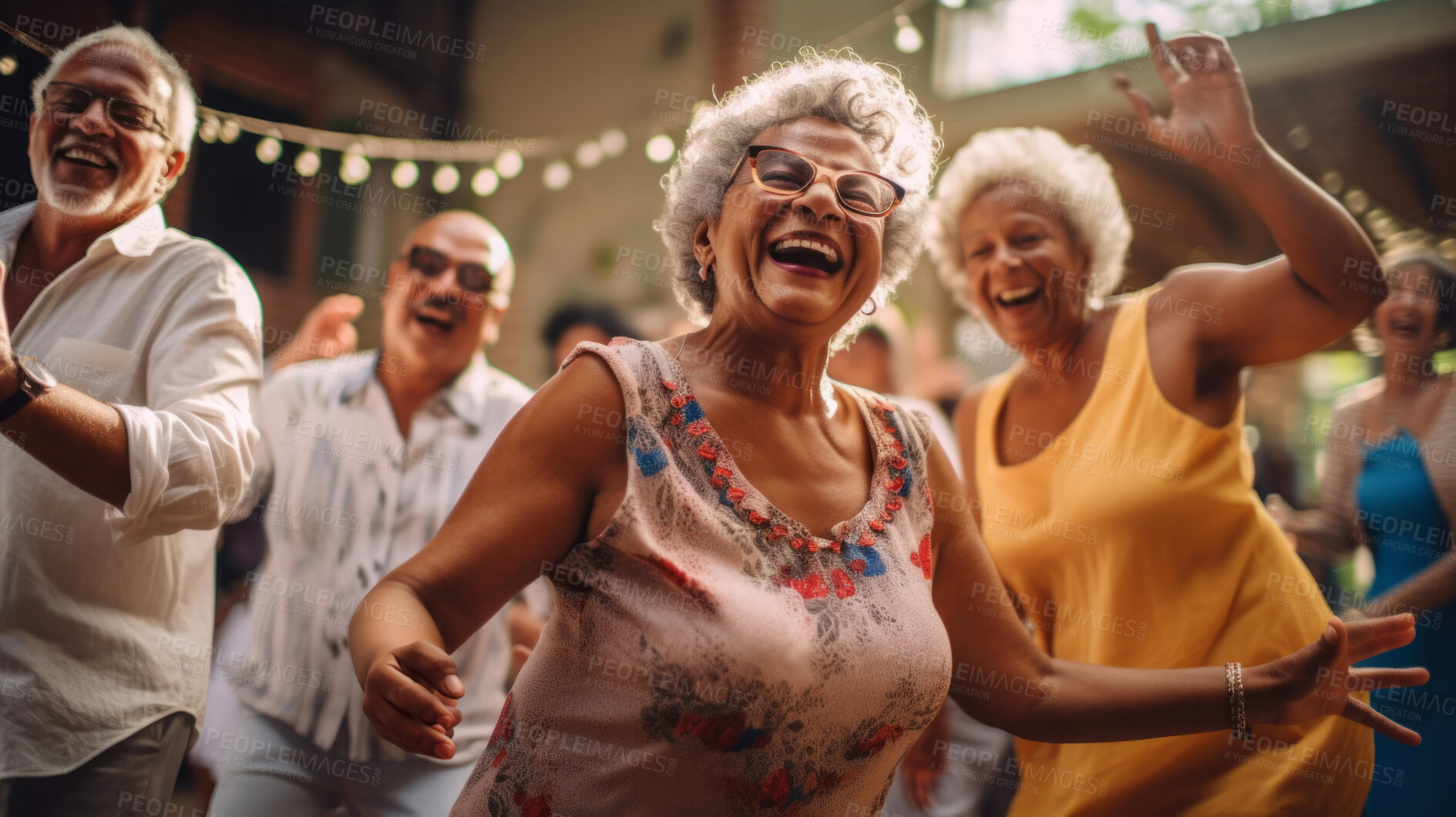 Buy stock photo Senior friend group dancing. Fun retirement home birthday activity