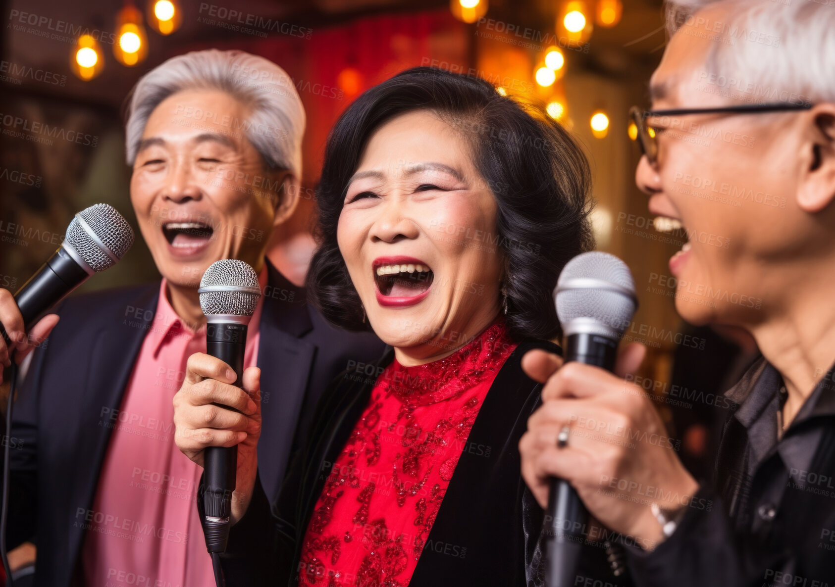 Buy stock photo Senior friend group singing karaoke. Fun retirement birthday activity