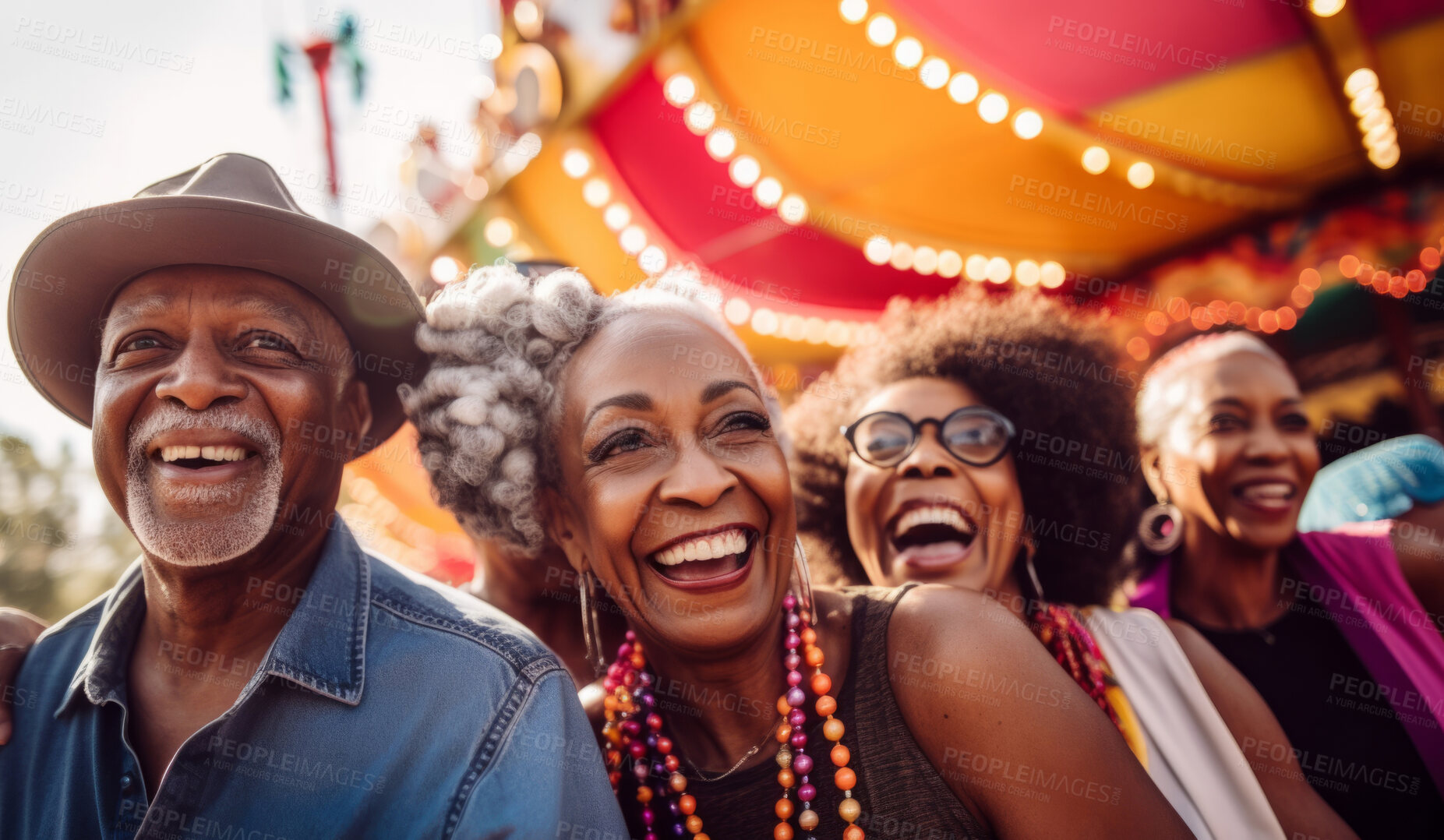 Buy stock photo Senior friend group at amusement park. Rides, food, fun retirement activity