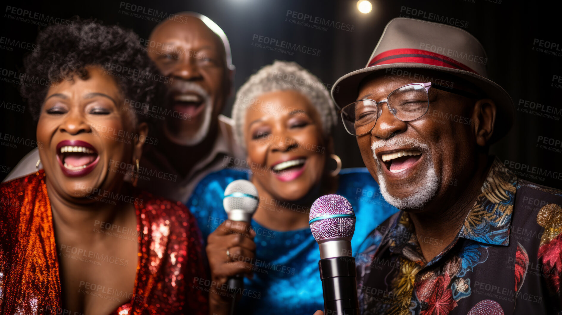 Buy stock photo Senior friend group singing karaoke. Fun retirement birthday activity