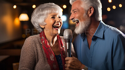 Senior couple singing karaoke. Fun retirement birthday activity