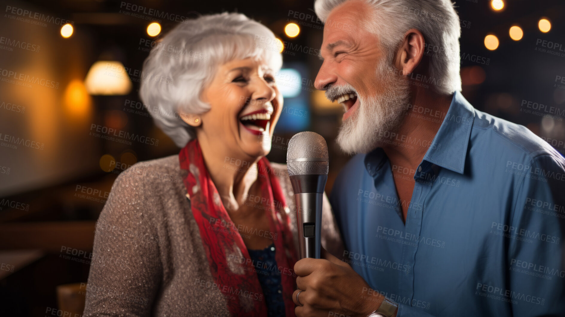 Buy stock photo Senior couple singing karaoke. Fun retirement birthday activity