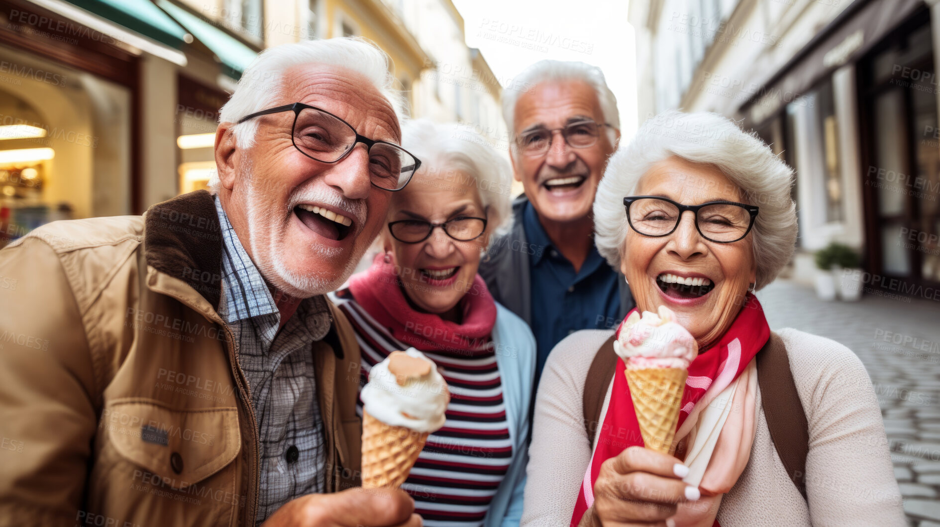 Buy stock photo Senior friend group with icecream. Fun retirement birthday activity