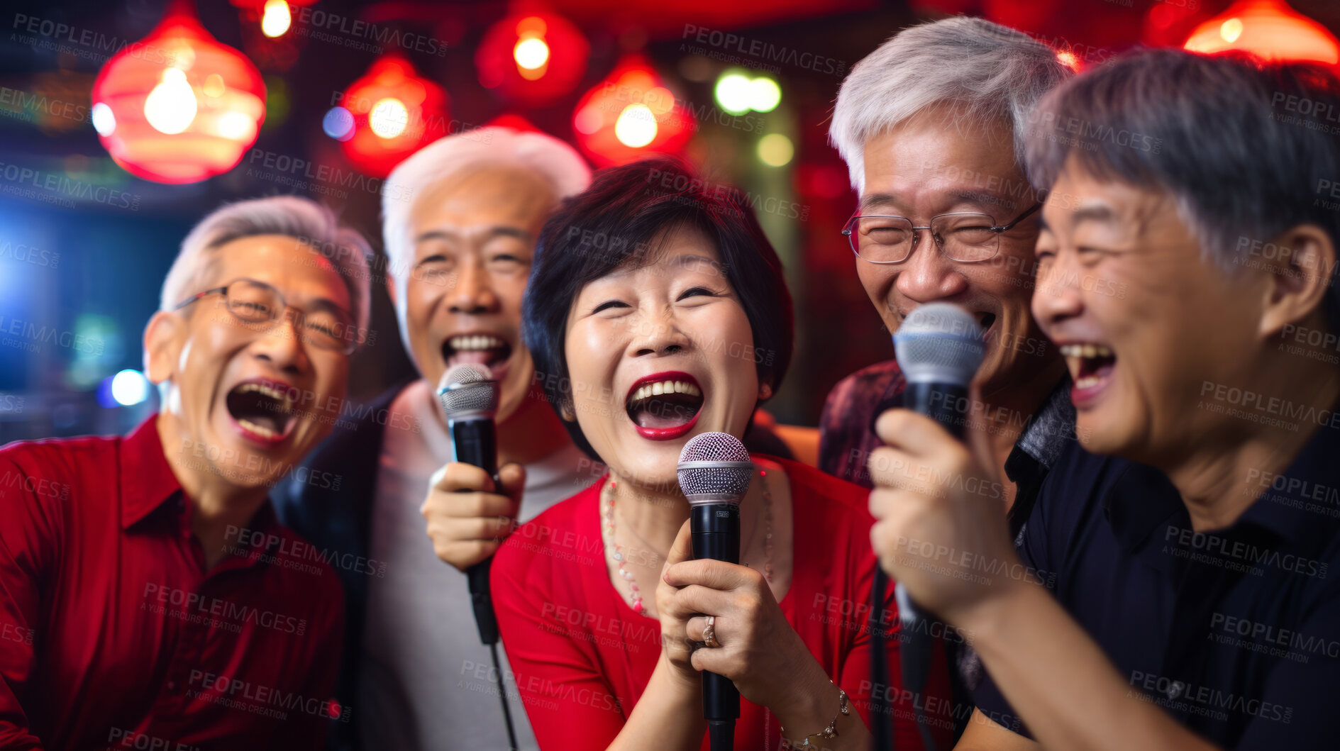 Buy stock photo Senior friend group singing karaoke. Fun retirement birthday activity