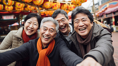 Buy stock photo Senior friend group at amusement park. Rides, food, fun retirement activity