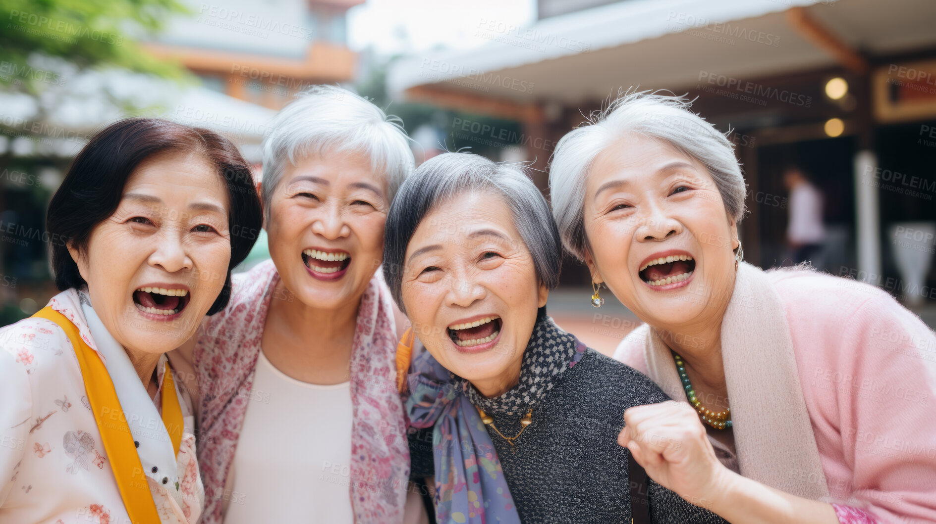 Buy stock photo Senior friend group in city. Fun retirement birthday activity