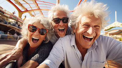 Buy stock photo Senior friend group at amusement park. Rides, food, fun retirement activity