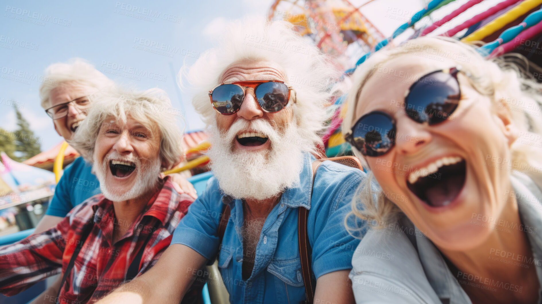 Buy stock photo Senior friend group at amusement park. Rides, food, fun retirement activity