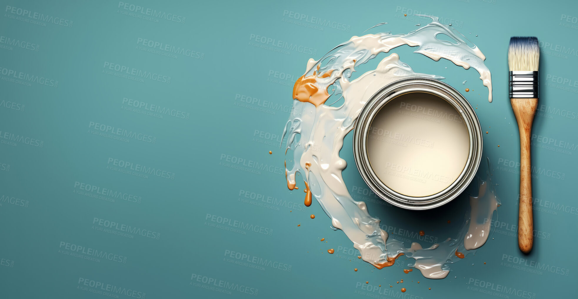 Buy stock photo Top view of open can of paint with paint brush and spills. Copy space. Teal backdrop.