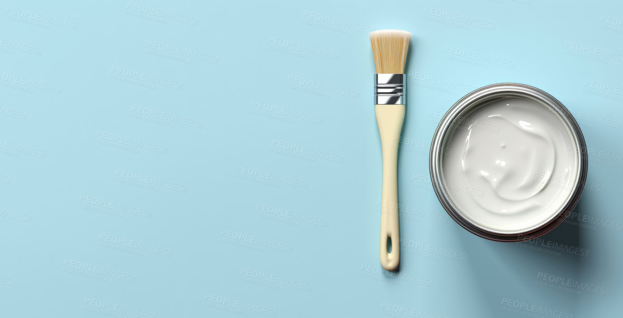 Buy stock photo Top view of open can of paint with paint brush. Copy space. Pastel blue backdrop.