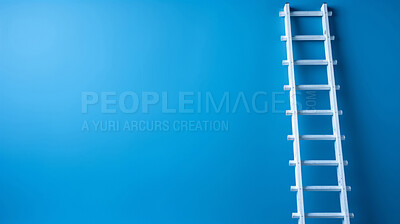 White ladder leaning against blue wall. Copy space. Business, success, concept.