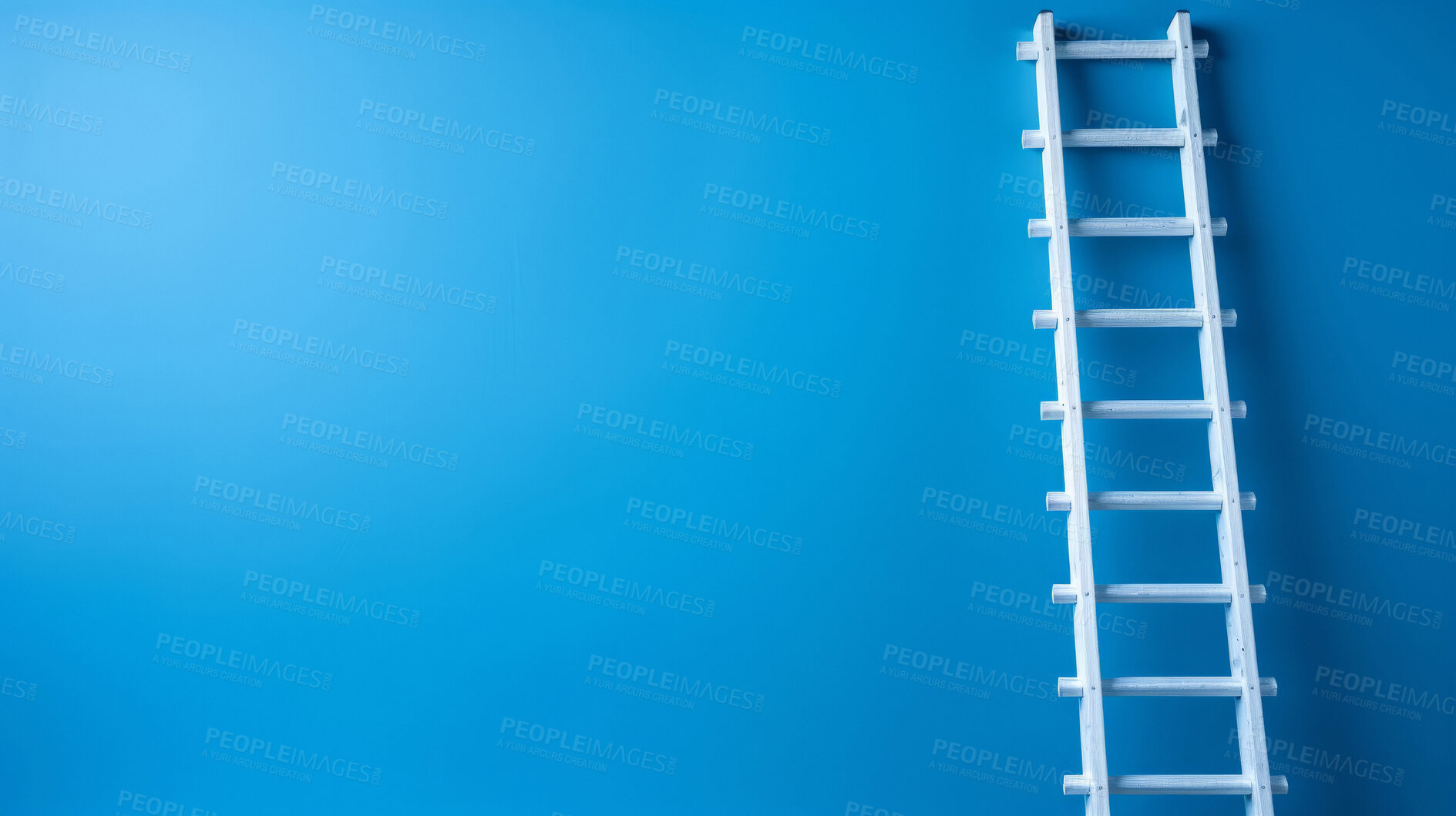 Buy stock photo White ladder leaning against blue wall. Copy space. Business, success, concept.