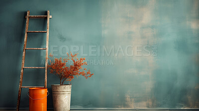 Buy stock photo Ladder against wall with paint buckets. Decorative concept Copy space, diy construction concept.