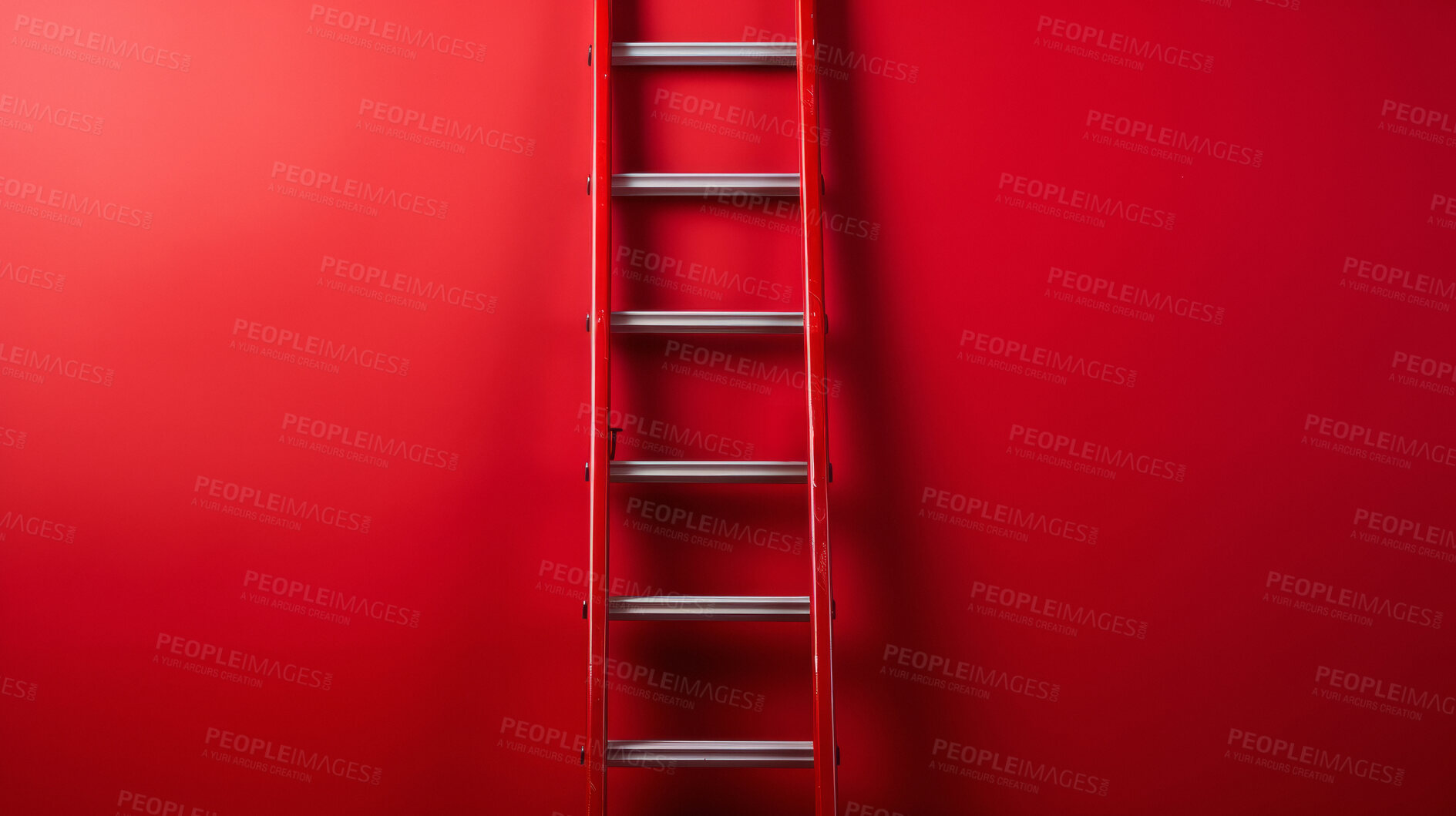 Buy stock photo Ladder leaning agains red wall. Copy space. Business, success, concept..