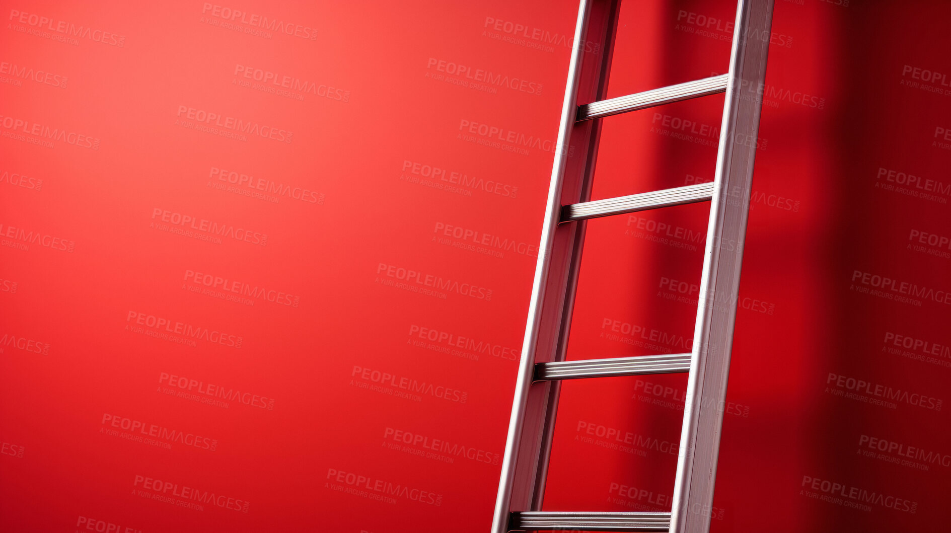 Buy stock photo Close-up of ladder leaning against red wall. Copy space. Business, success, concept.