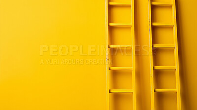 Double ladders leaning agains yellow wall. Copy space. Business, success, concept.