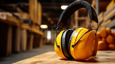 Buy stock photo Close up of orange earmuffs on table in workshop. Safety, construction concept.