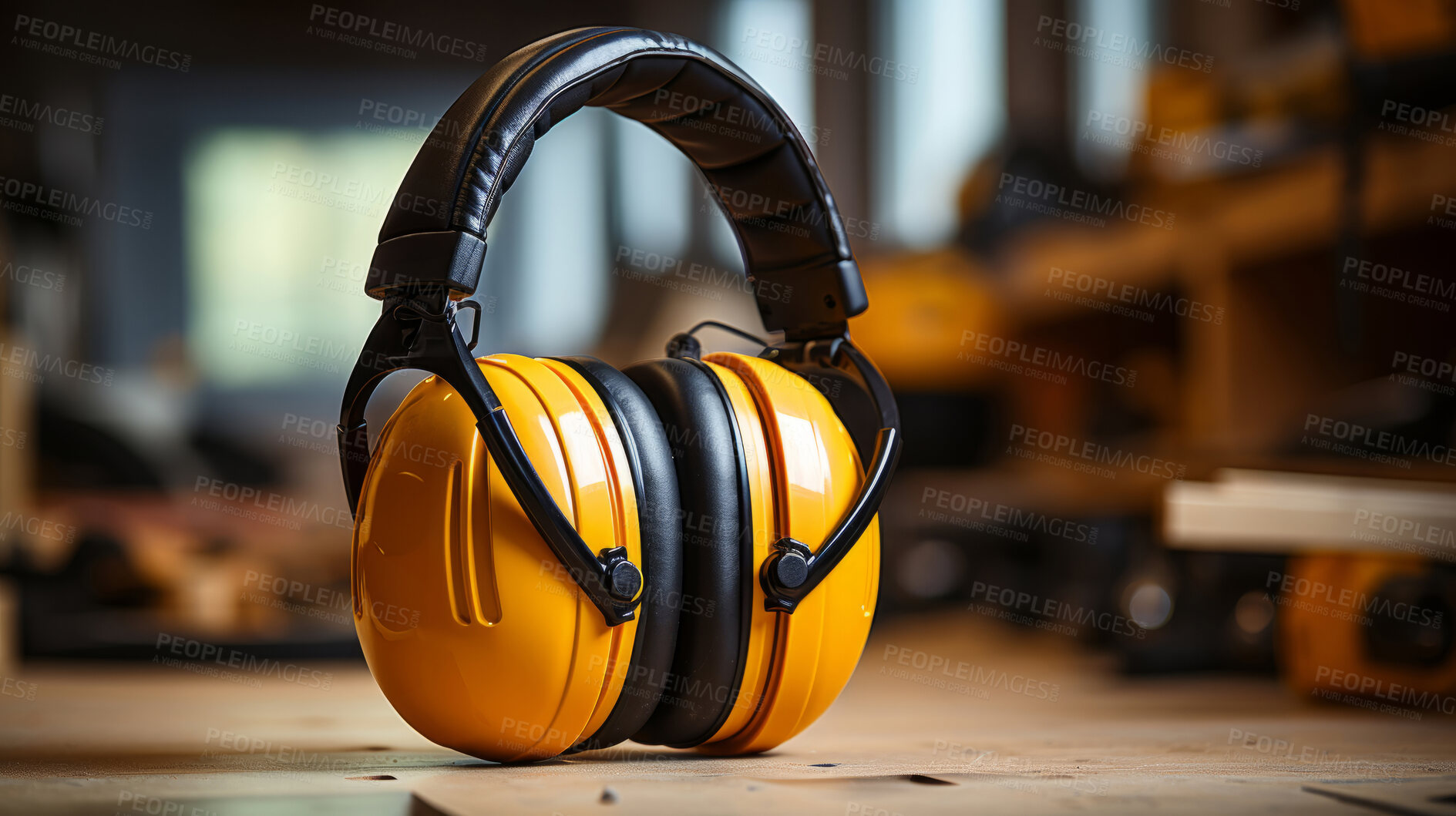 Buy stock photo Close up of orange earmuffs on table in workshop. Safety, construction concept.