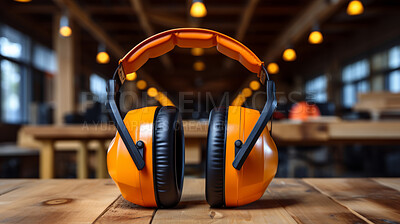 Close up of orange earmuffs on table in workshop. Safety, construction concept.
