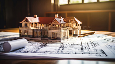 3d model of big house on floor plans in architecture studio. Construction concept.