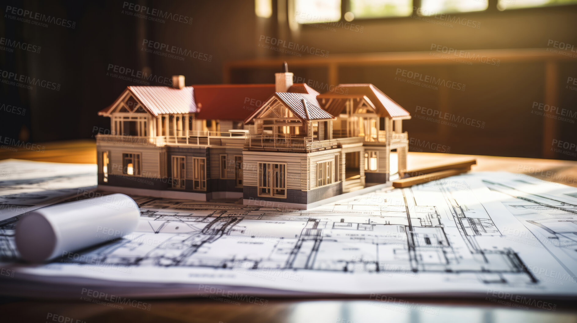 Buy stock photo 3d model of big  house on floor plans in architecture studio. Construction concept.