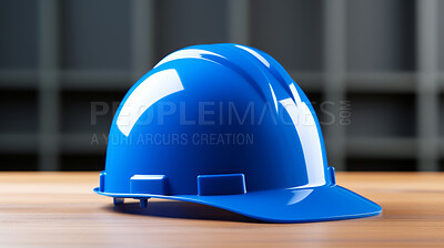 Blue hard hat, helmet on wooden table. Construction, labour day concept.