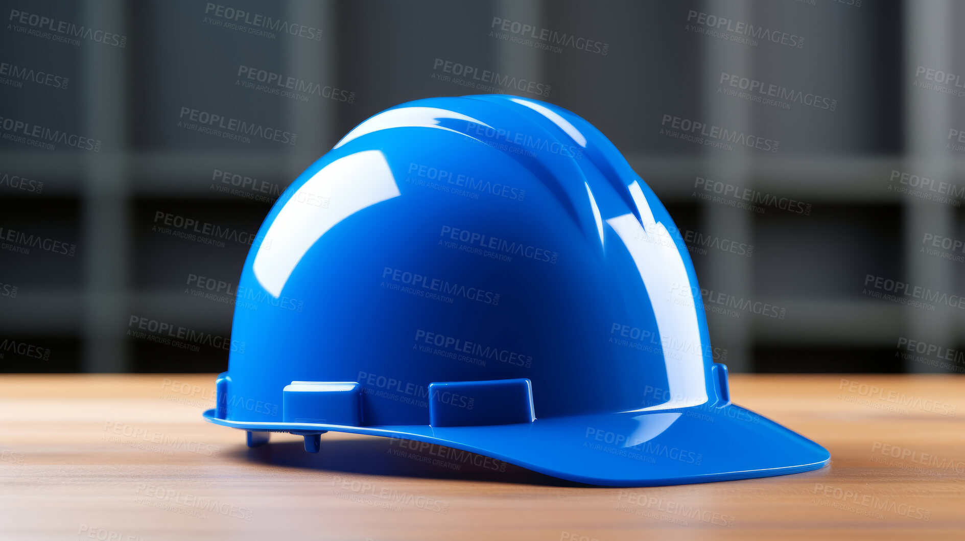 Buy stock photo Blue hard hat, helmet on wooden table. Construction, labour day concept.