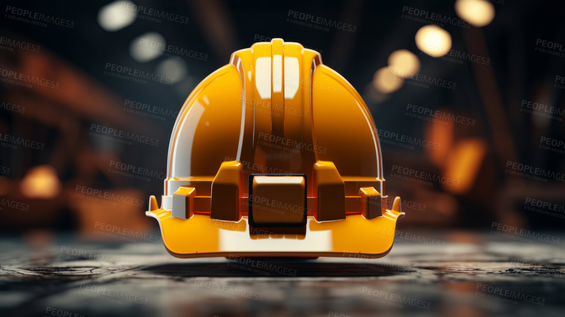 Buy stock photo Orange hard hat, helmet on table in workshop. Construction, labour day concept.