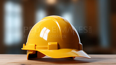 Hard hat, helmet on wooden table. Construction, labour day concept.