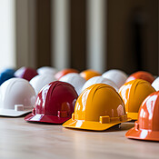 Multiple hard hats stacked on factory table. Labour day concept. | Buy ...
