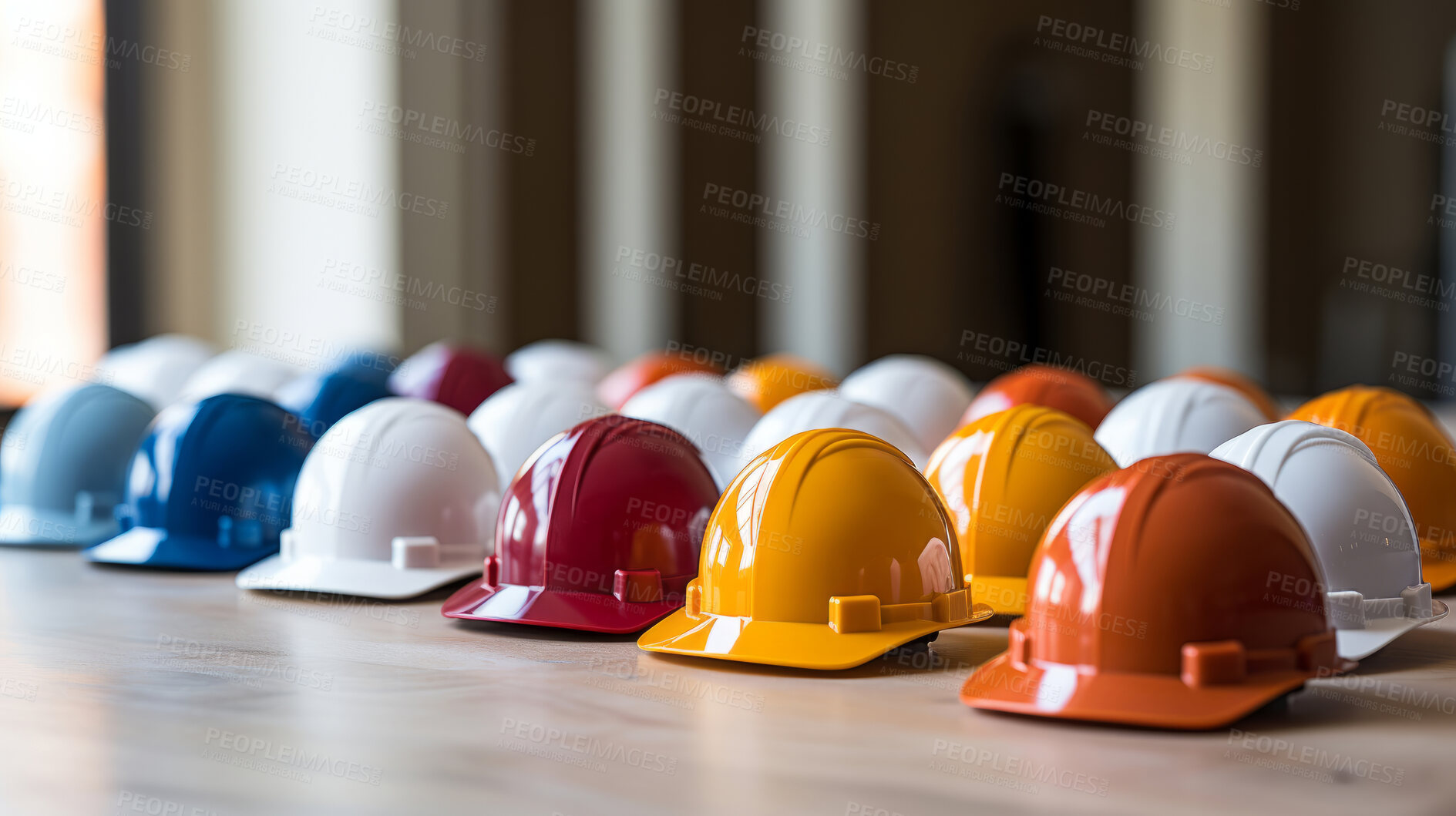 Buy stock photo Multiple hard hats stacked on factory table. Labour day concept.