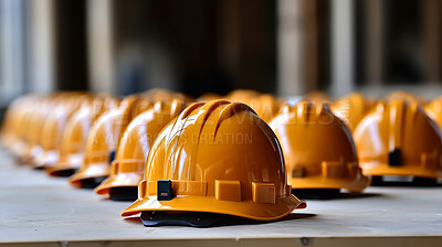 Close-up of multiple yellow hard hats stacked on factory table. Labour day concept.